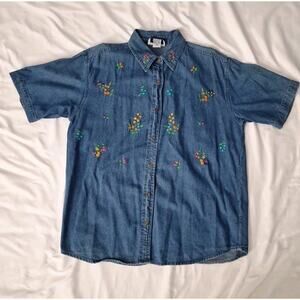 VTG Sara Studio Denim Jean Short Sleeve Button-Up Floral Embroidered Top Large